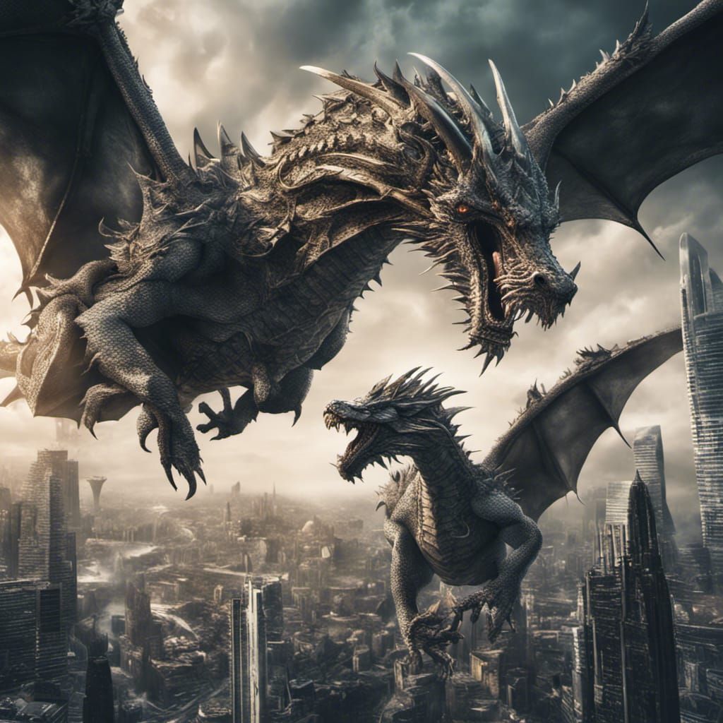 Dragons Attack Futuristic City in Hyperrealistic Detail