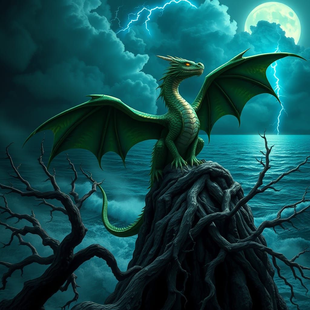 Emerald Dragon Gazing at Freedom: A Dark Fantasy Masterpiece
