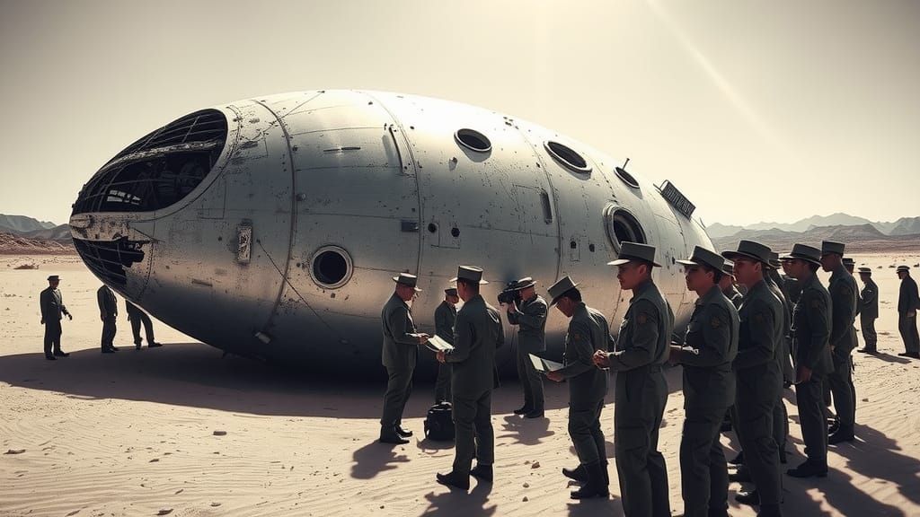 Crashed UFO in Desert, Black and White Photograph
