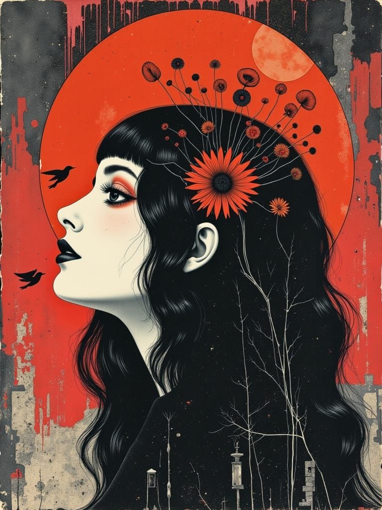 Gothic Woman in Pop Surrealist Abstract Style