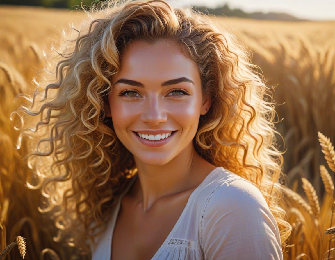 Smiling Woman in Wheat Field Oil Painting