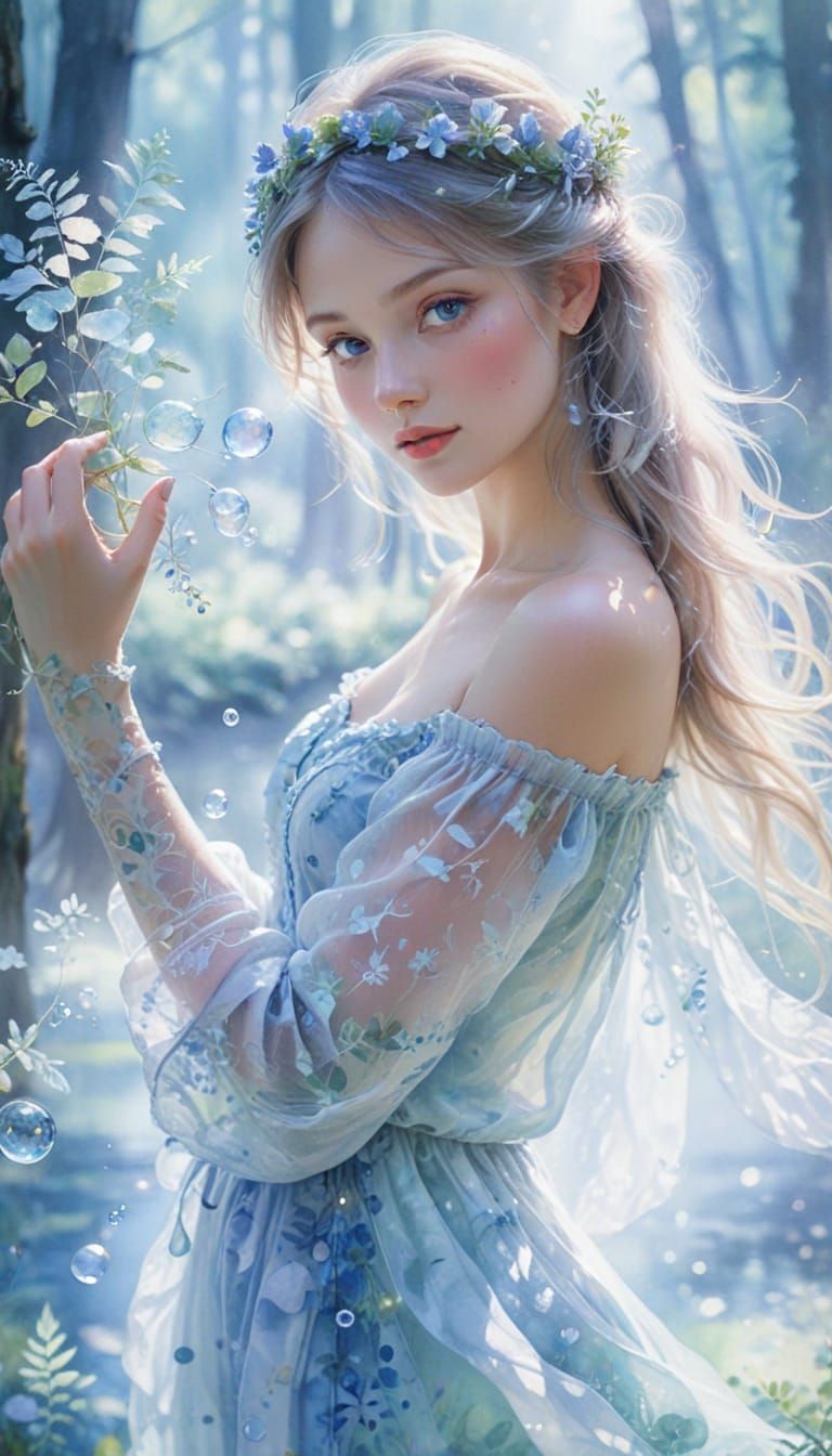 Whimsical Watercolor of a Blue Spring in the Forest