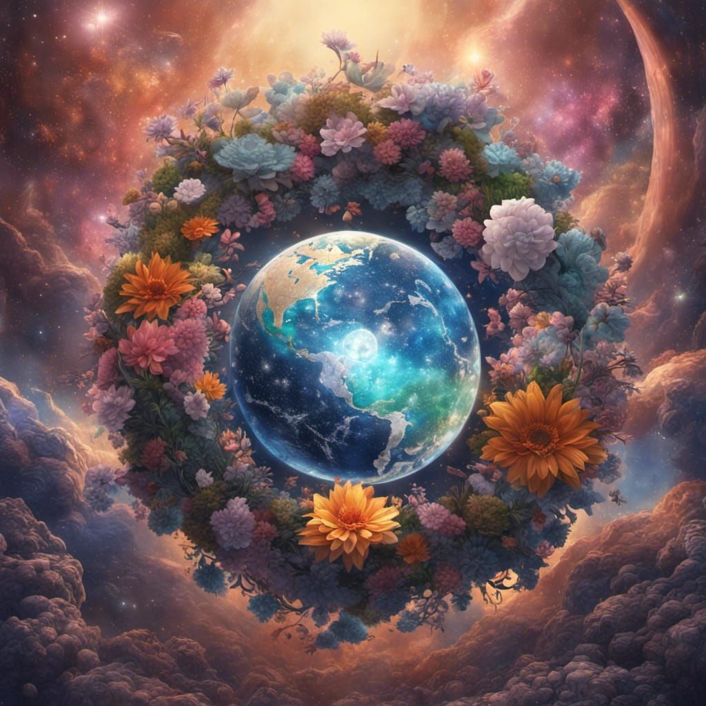 Peaceful Solarpunk Earth: A Hyperrealistic Floral Utopia