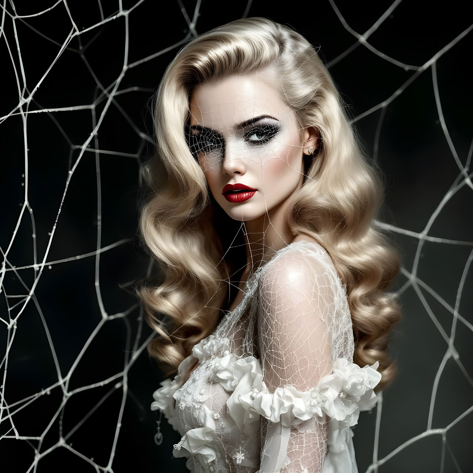Sinister 40s Style Veronica Lake Lookalike in White Spiderwe...