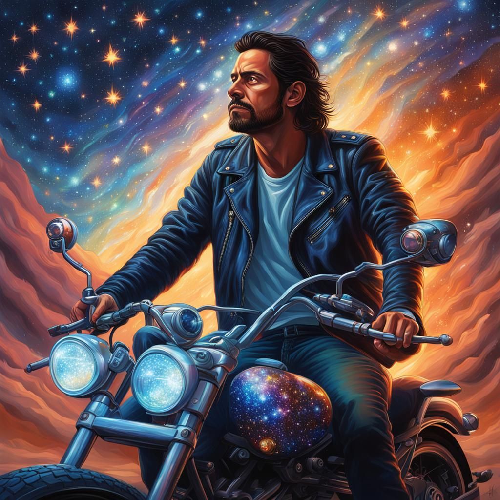 Starry Sky Biker: Hyperrealistic Concept Art