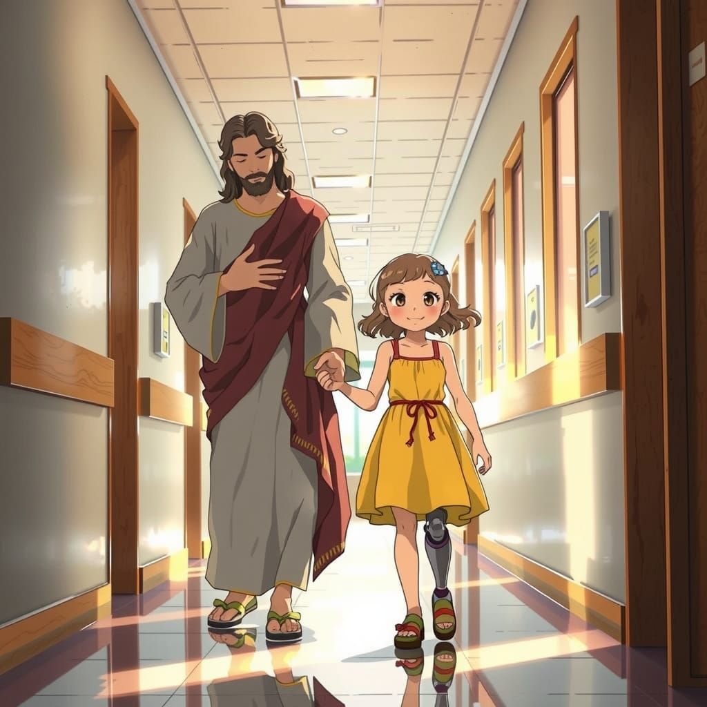 Compassionate Jesus Guides Young Girl with Prosthetic Leg in...