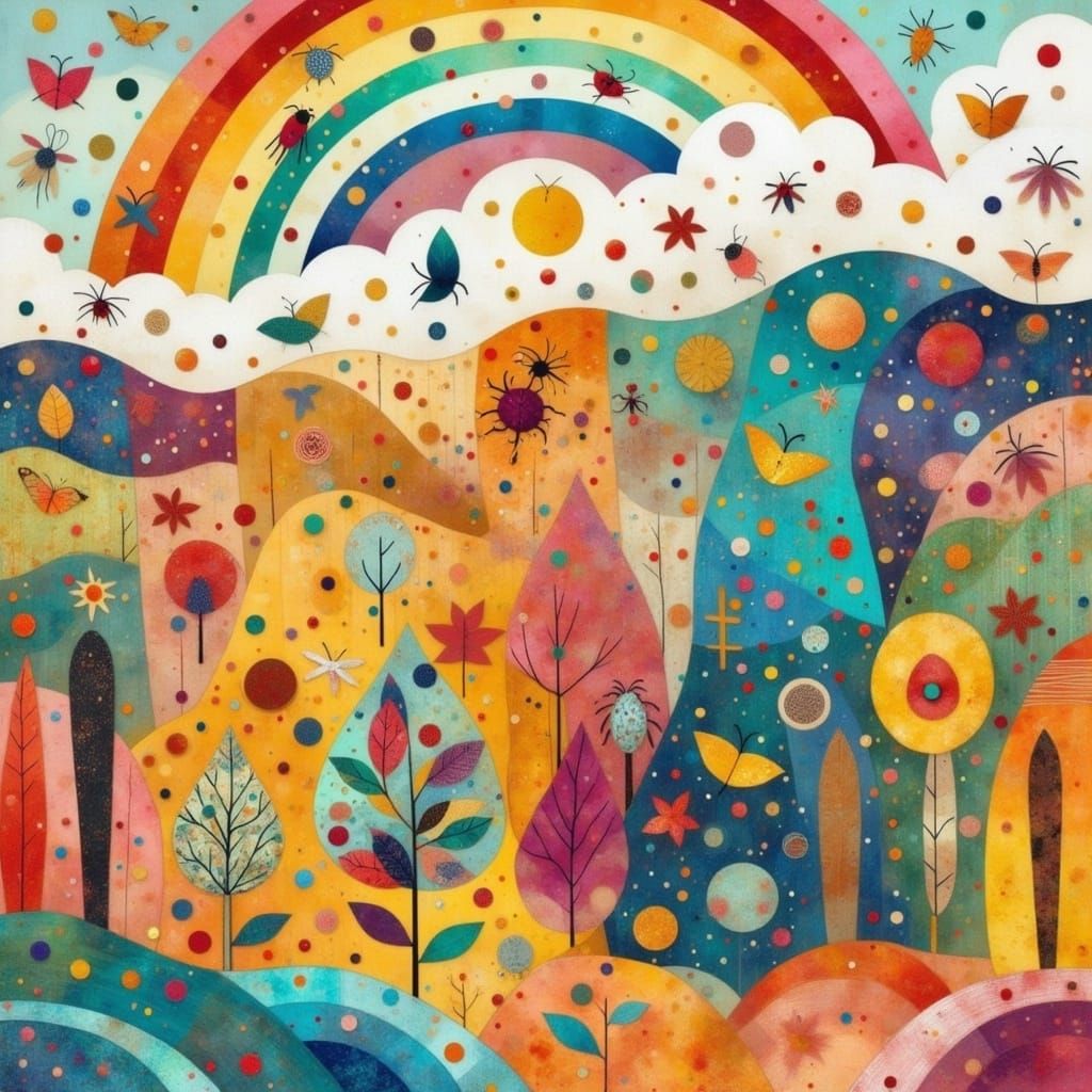 Folk Art Rainbow Landscape in Abstract Style