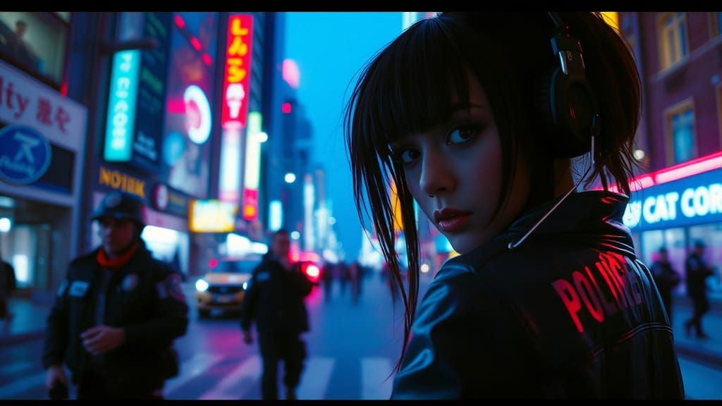 Ethereal Cyberpunk Rogue Girl Evades the Law in a Futuristic...