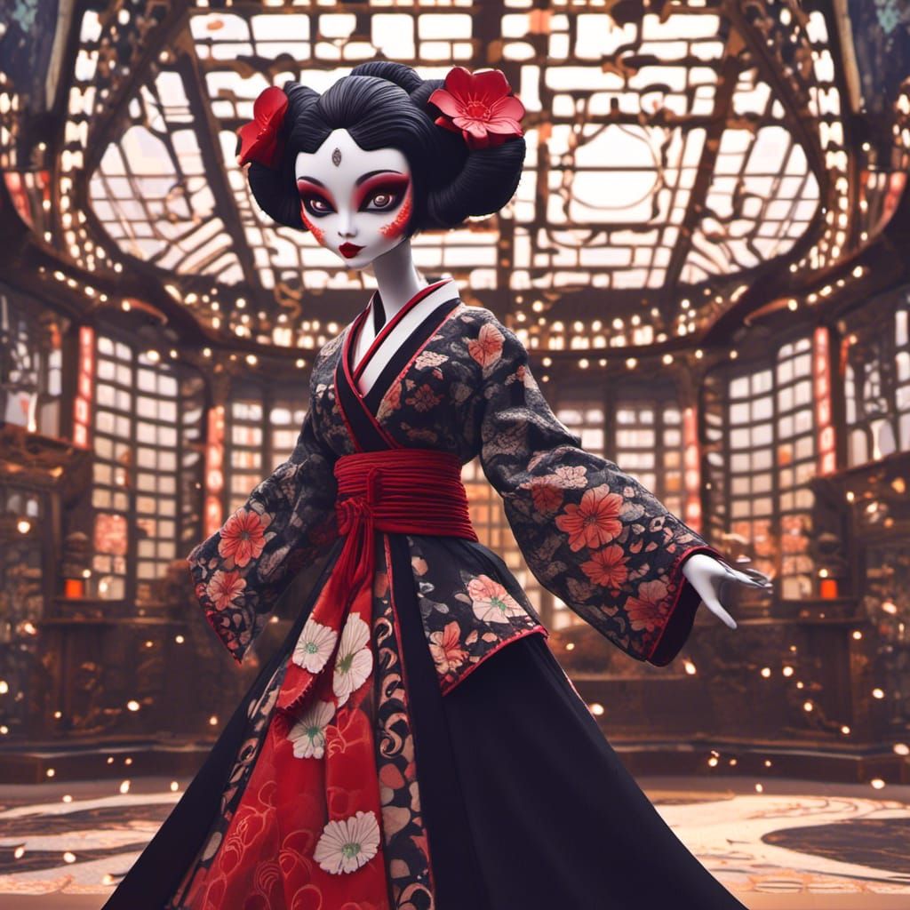 Cyberpunk Geisha with Kiseru Pipe in Neon Cityscape