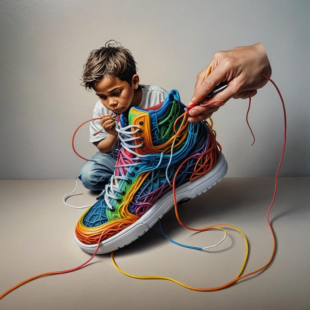 String Person Tying Shoe: Airbrush Fantasy Art