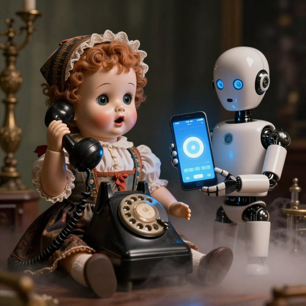 Vintage German Doll Contrasts with Android in Dramatic Light...