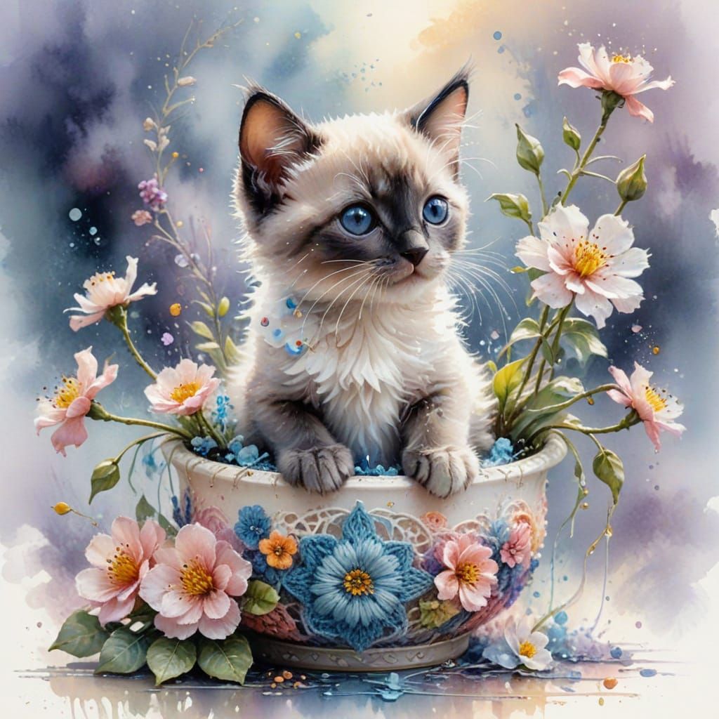 Cute Siamese Kitten in Flower Pot - Ethereal Watercolor