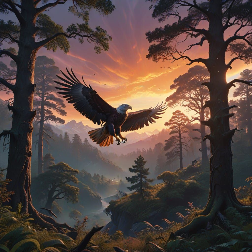 Majestic Oak Tree in Emerald Forest, Silhouetted Eagle in Su...