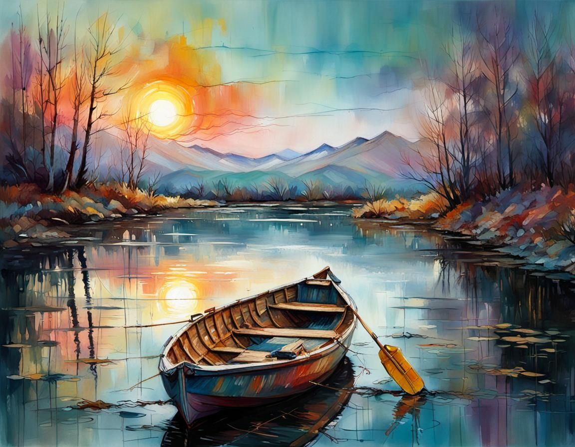 Winter Lake Scene in Impressionist Style