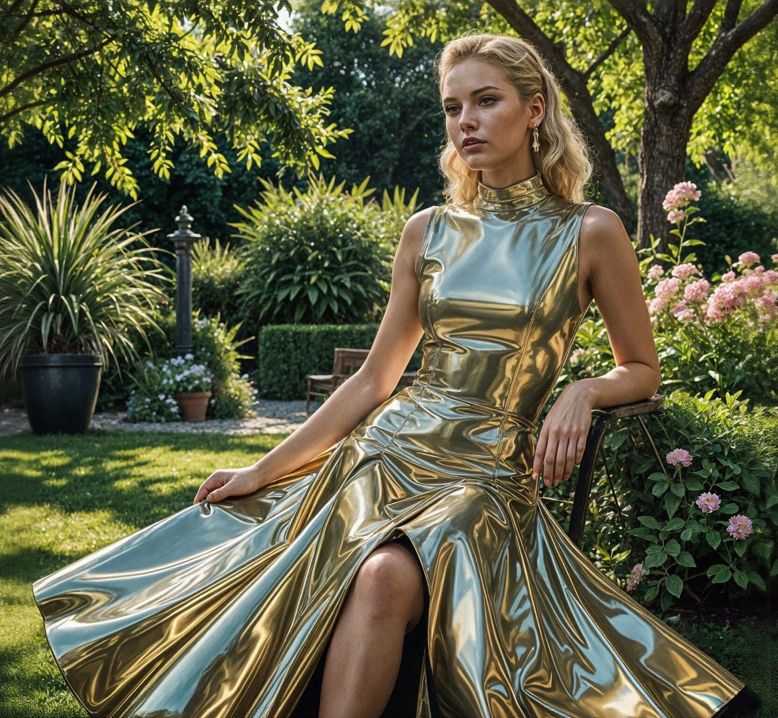 Woman in Glossy Latex Dress in Garden