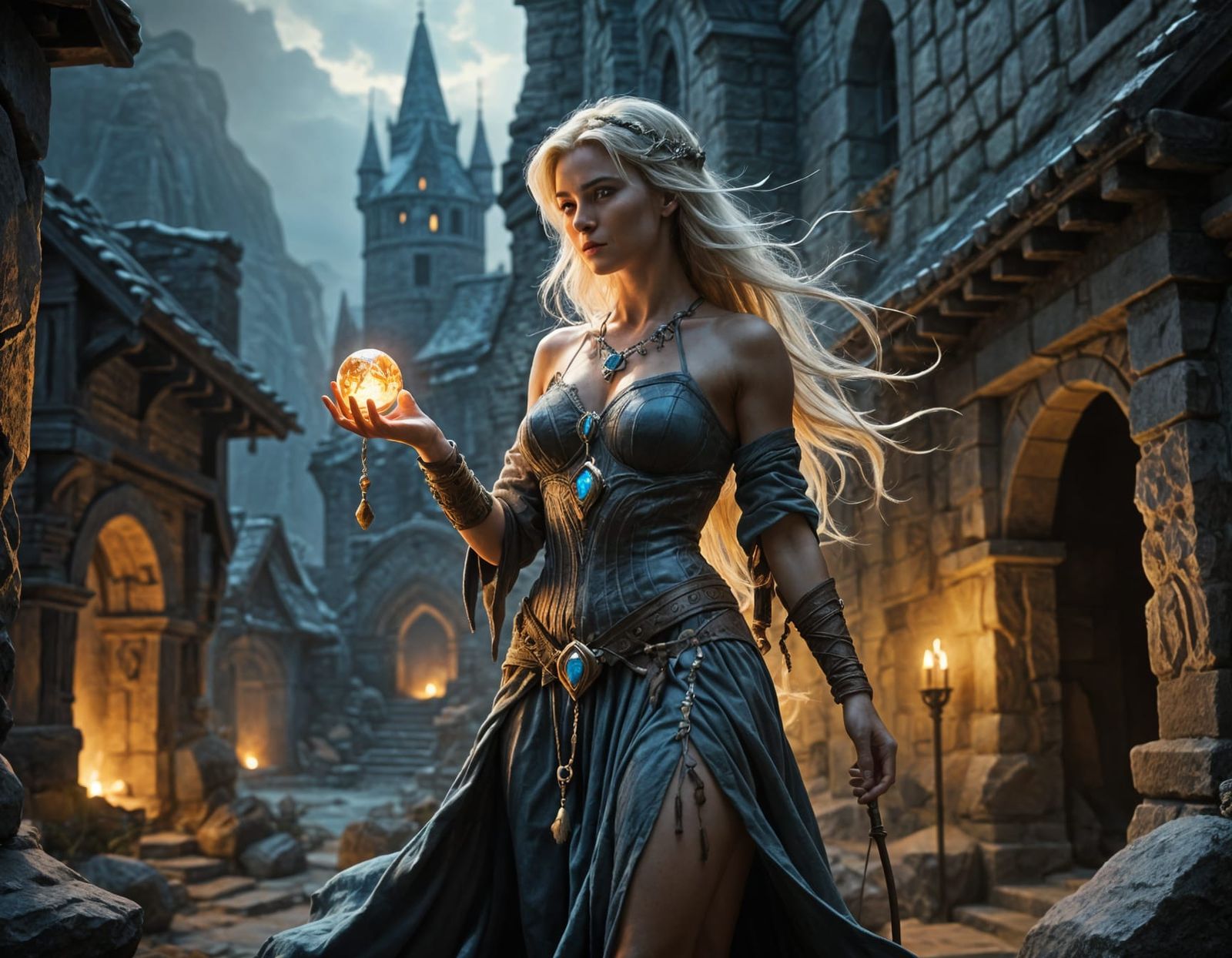 Norwegian Sorceress Among Ancient Ruins in Frazetta Style
