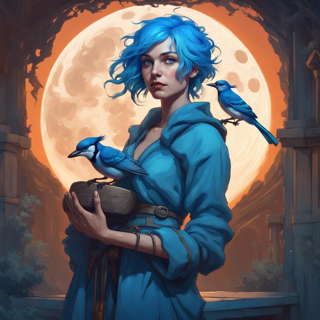 Blue-Haired Woman with Bluejay in Art Nouveau Style