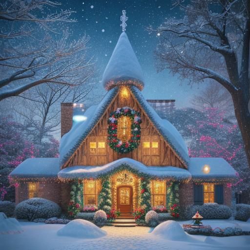 Vibrant Gingerbread House in Winter Wonderland, Digital Art