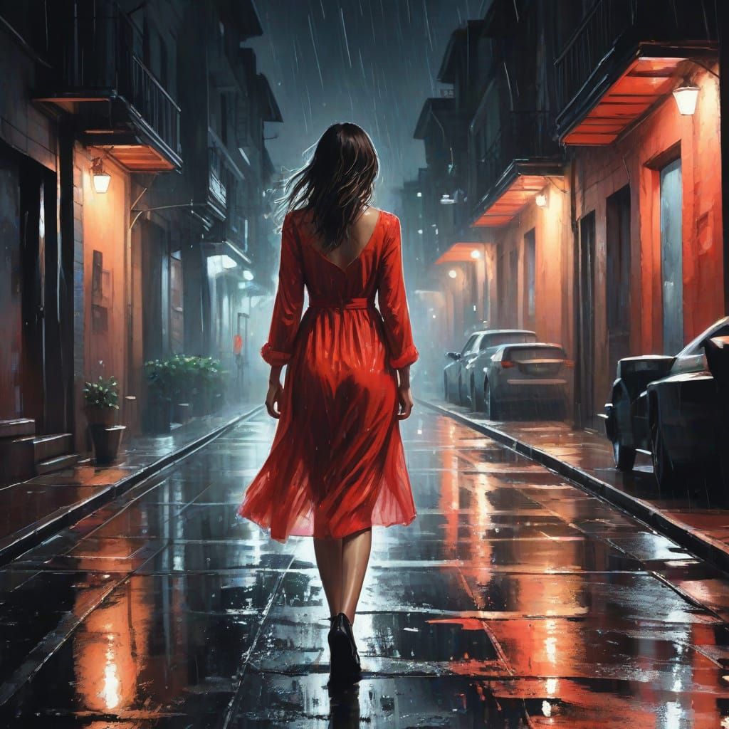 Woman in Red Dress Walking in Rainy Night Street