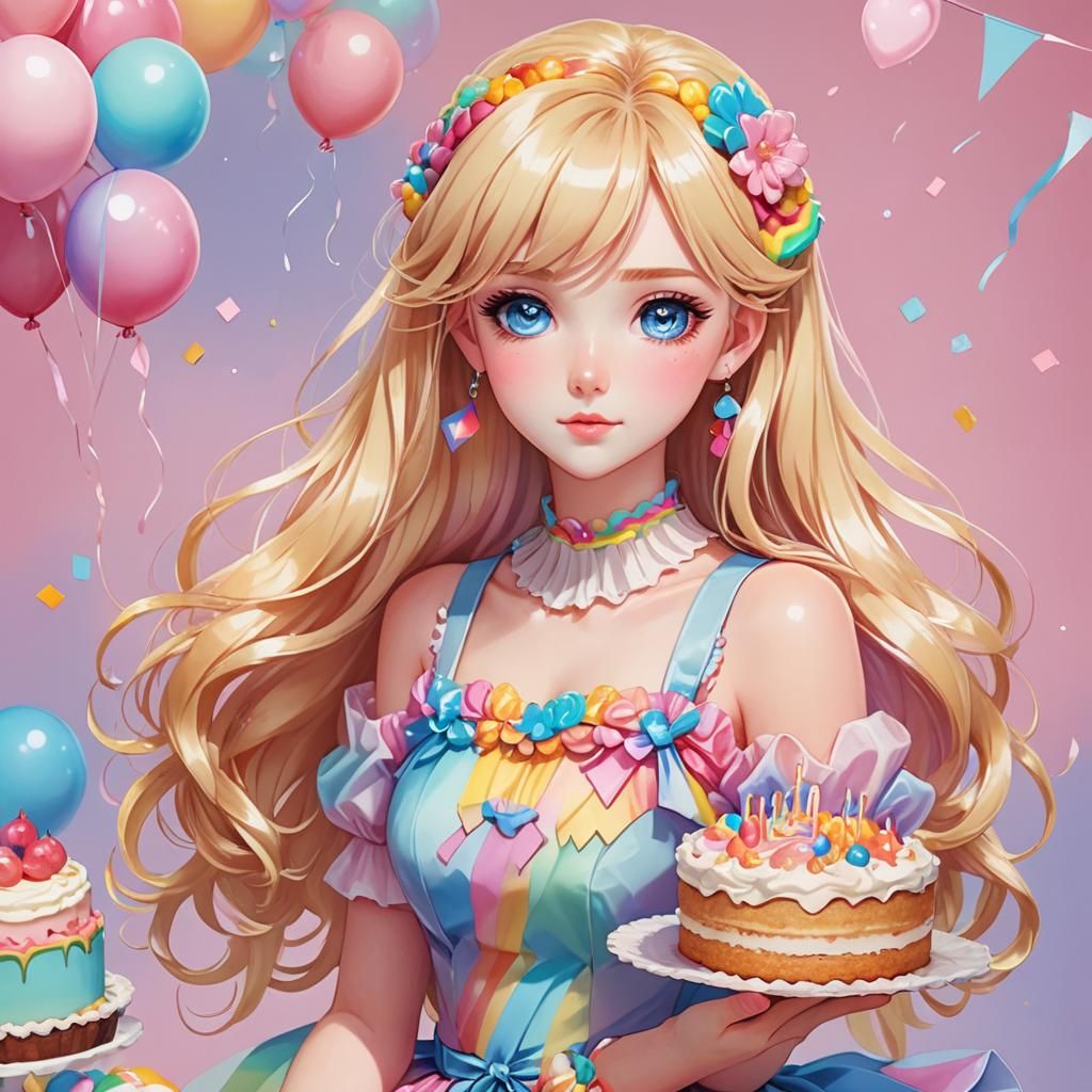 Anime Girl with Cake in Kawaii Art Style