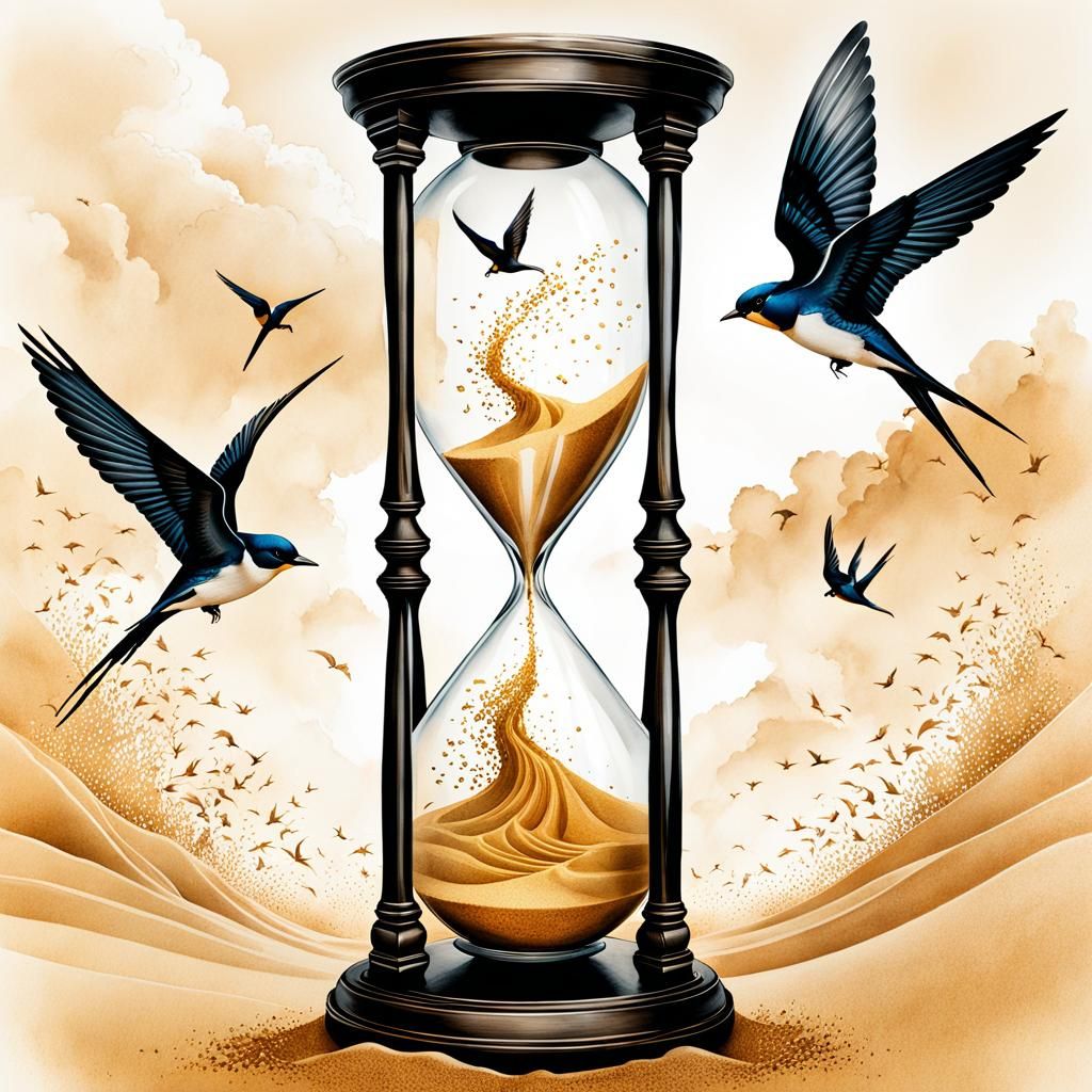 Hourglass with Swallows in Liquid Ink Watercolor Style