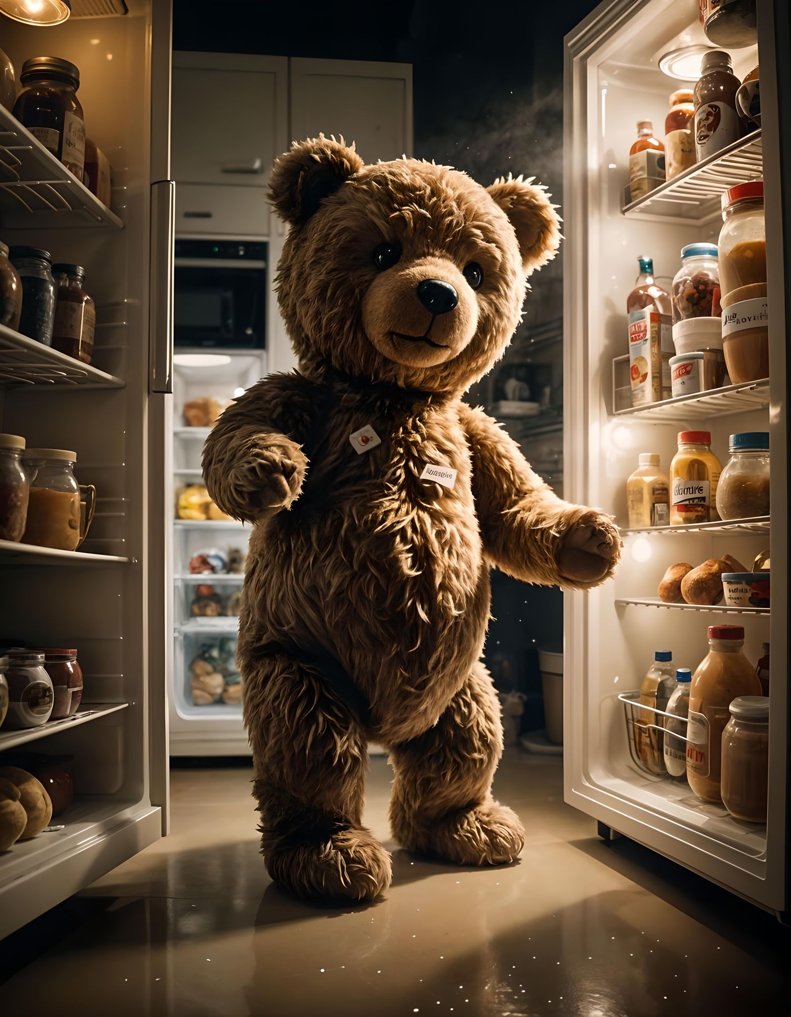 Teddy Bear Searches for Food in Fridge