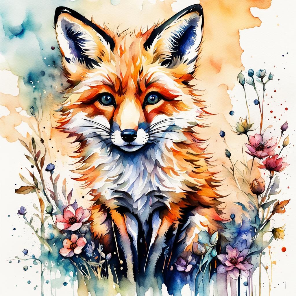 Watercolor Fox Cub in a Whimsical Wonderland