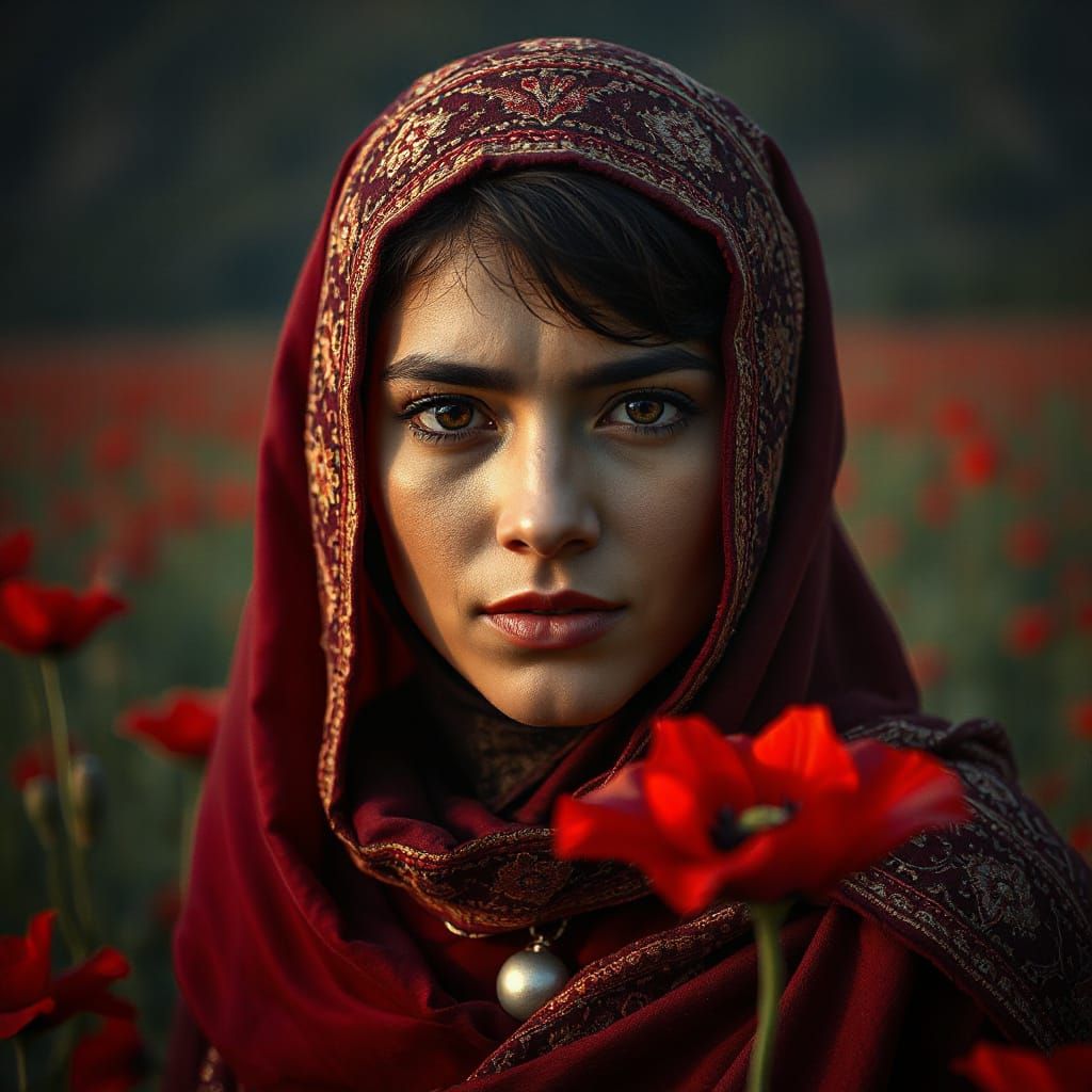 Striking Afghan Woman in Poppy Field, Digital Art