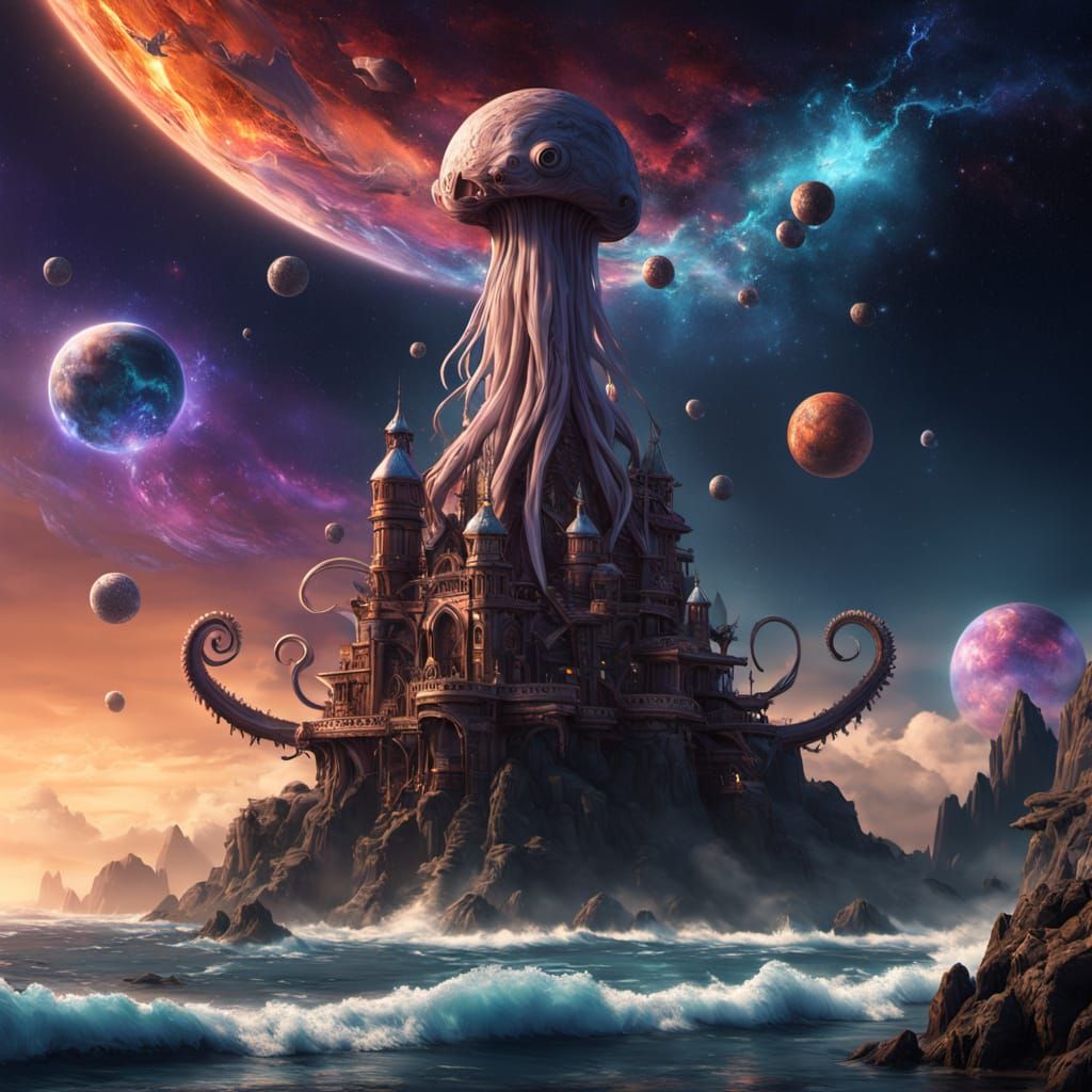 Cosmic Octopus Emerges Onto Land Gazing at Shattered Planet