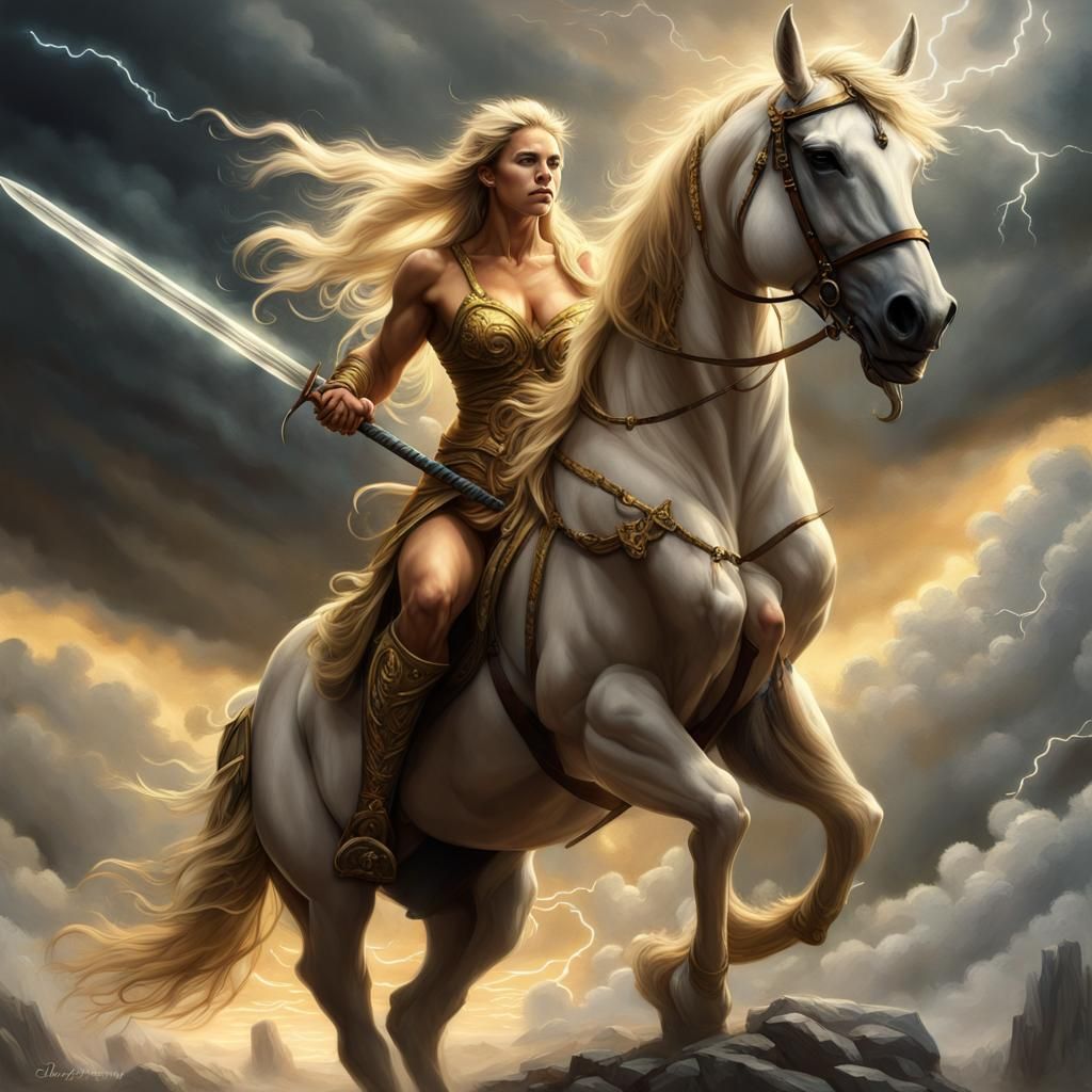 Goddess Rides Unicorn Through Stormy Dark Fantasy Realm