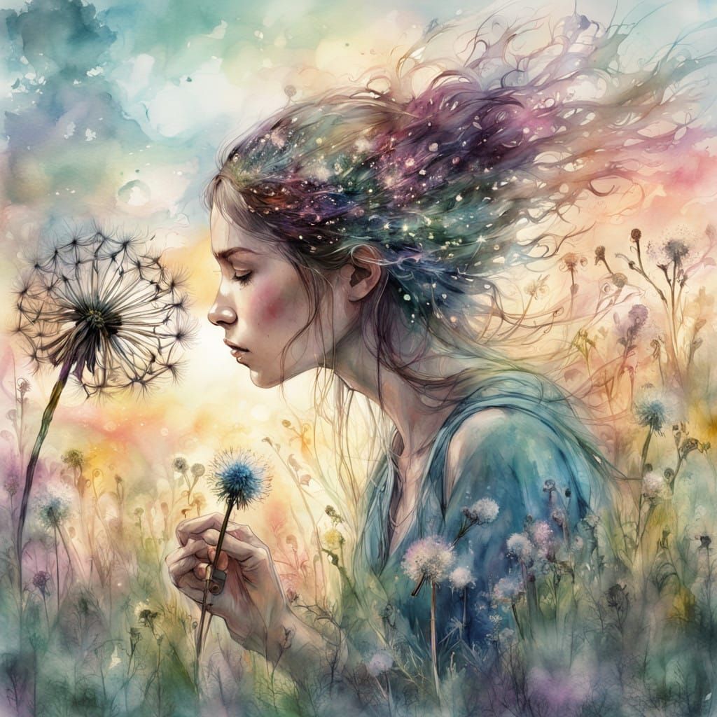 Fairy in a Vibrant Summer Meadow, in Whimsical Watercolor St...