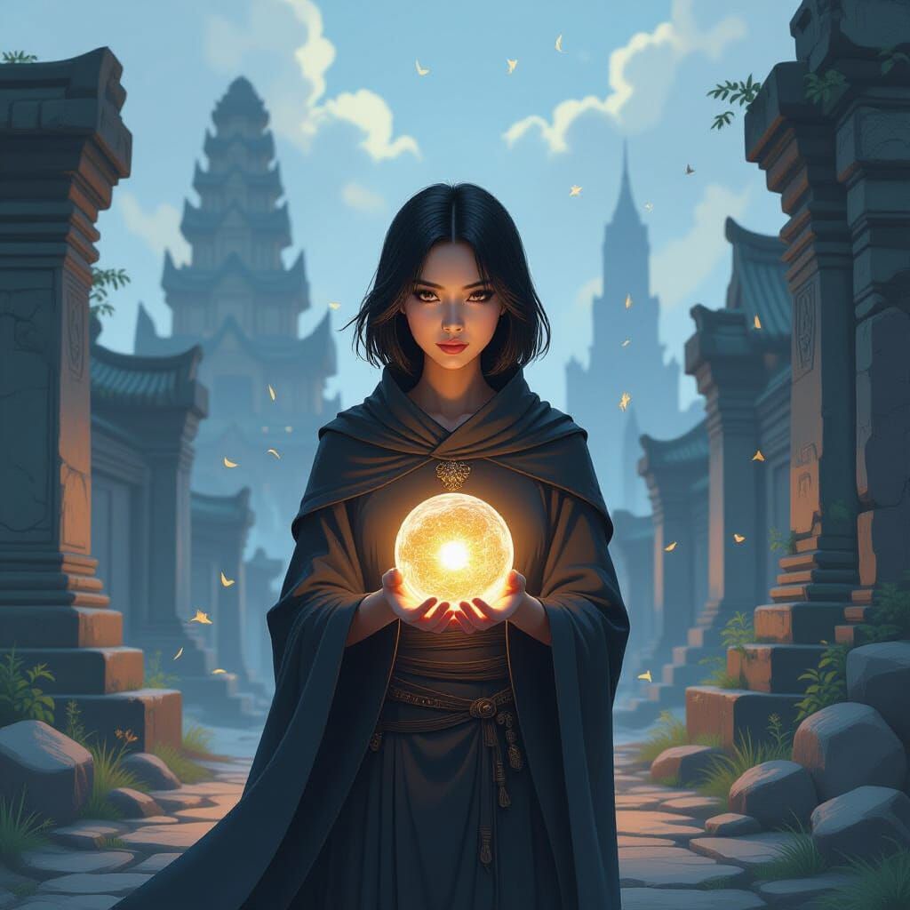 Cloaked Woman at Time Crossroads Holding Glowing Orb