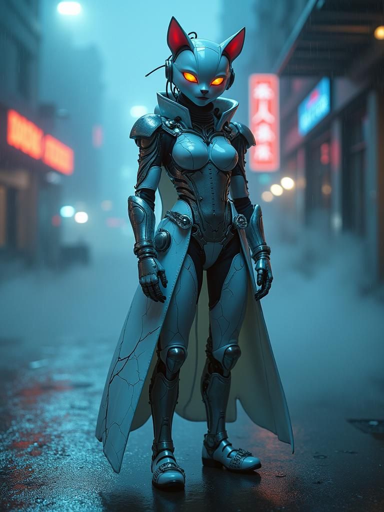 Cyberpunk Android Kitty in Misty Street