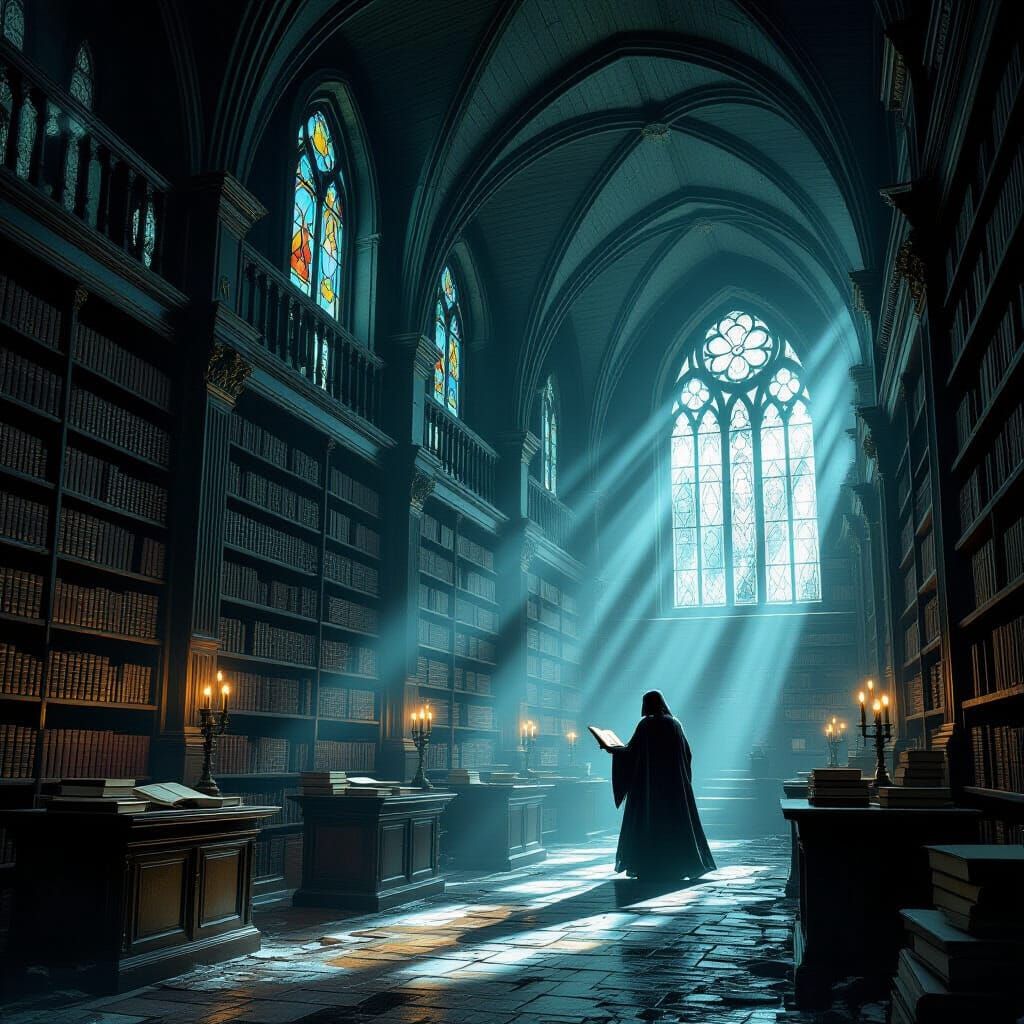 Misty Overgrown Library with Spectral Librarian