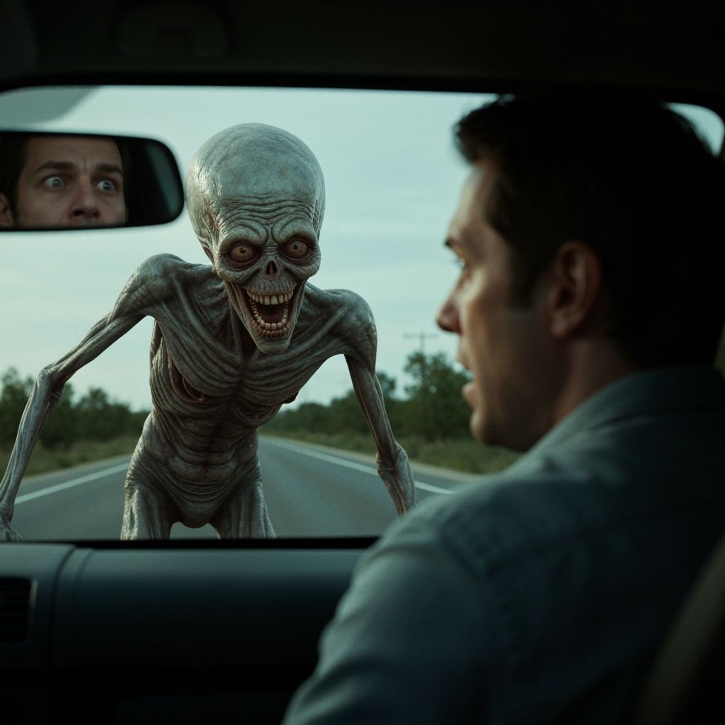 Grotesque Alien Rises from Roadside, Terrified Man Watches