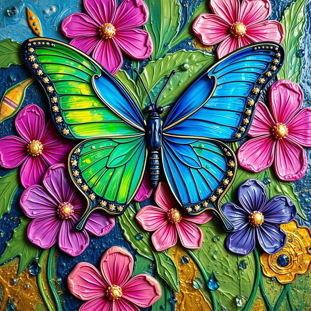 Colorful Butterfly with Stylized Flowers as Impasto Painting