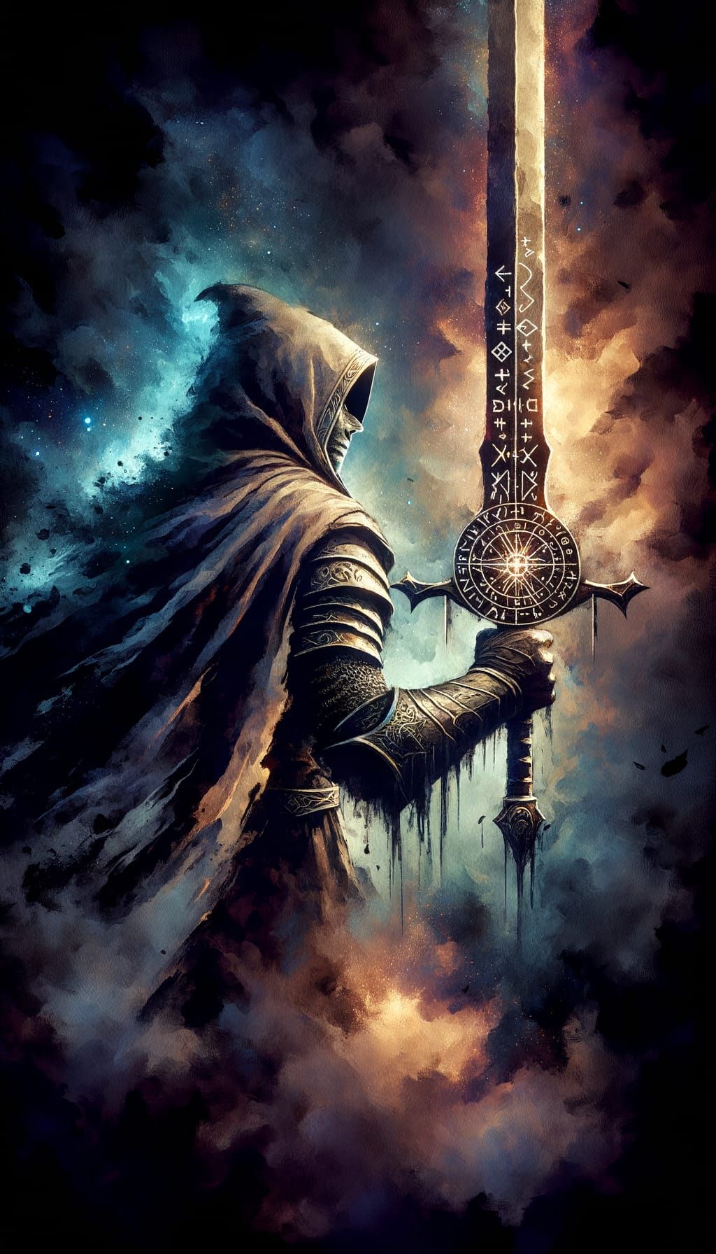 Hispanic Knight with Runed Sword in Watercolor Style