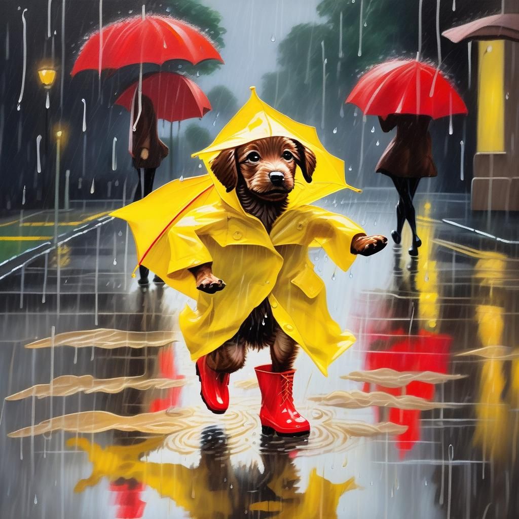 Vibrant Post-Impressionist Scene of a Dog in the Rain