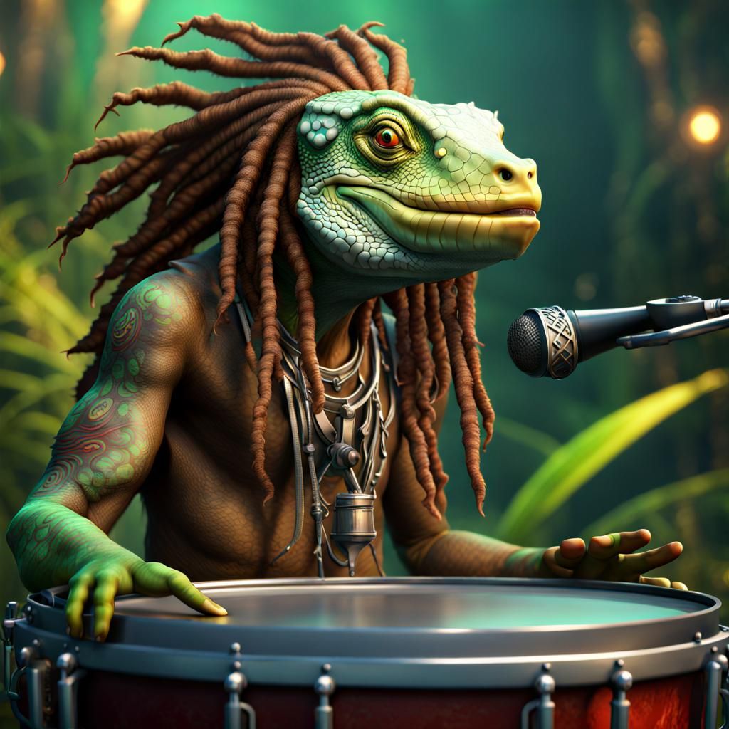 Reggae Iguana Plays Steel Drum: Fantasy Concept Art