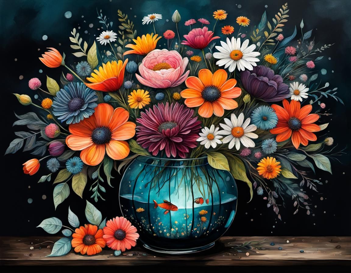 Floral Bouquet in Fishbowl: Whimsical Dark Illustration