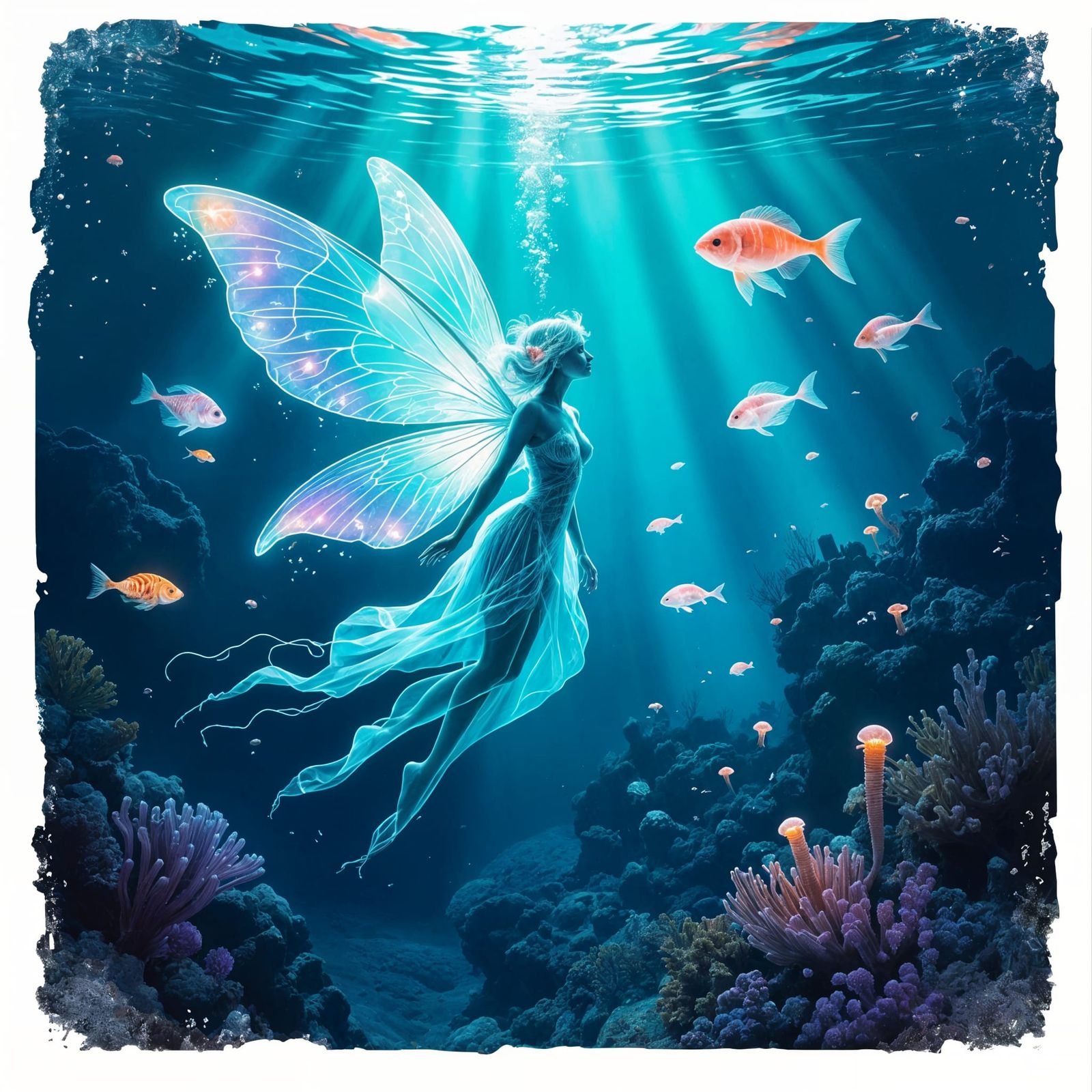 Bioluminescent Fairy in Deep Ocean Illustration