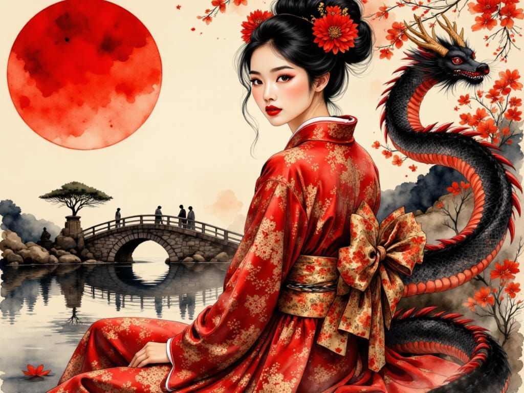 Japanese Woman and Dragon by Reflective Water