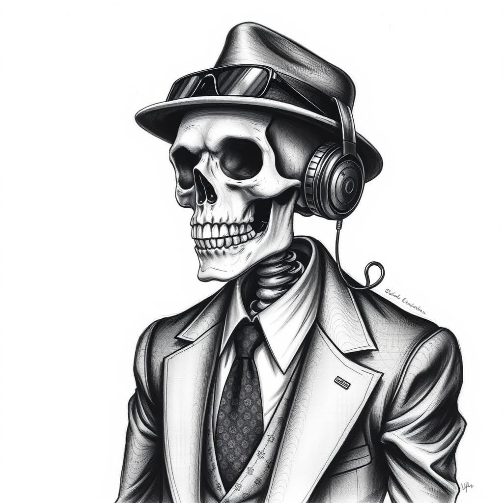 Fashionable Skeleton in Charcoal Drawing
