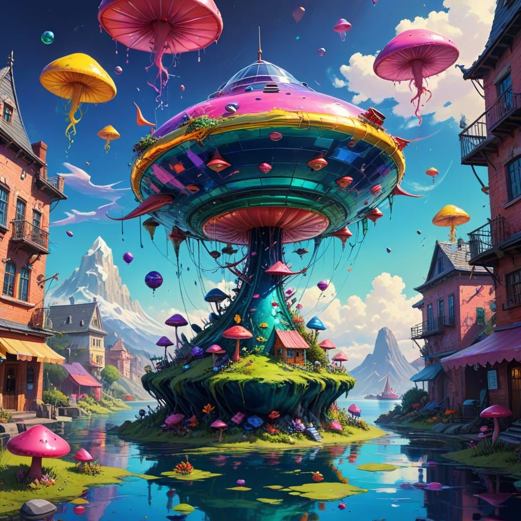 Psychedelic Alien Landscape with Flying Saucer, Graffiti Art