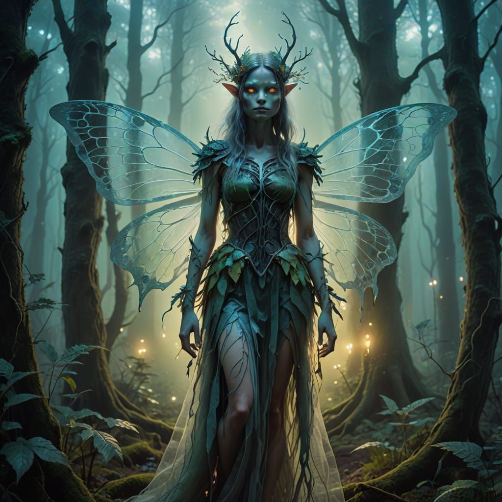 Cryptid Fairy in Misty Forest: Surreal Expressionism