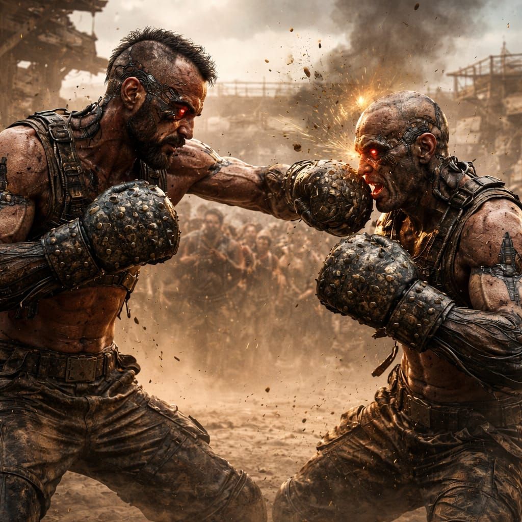 A post-apocalyptic wasteland desert scene where scruffy half-cyborg boxers box with metal-studded boxing gloves. post-ap...