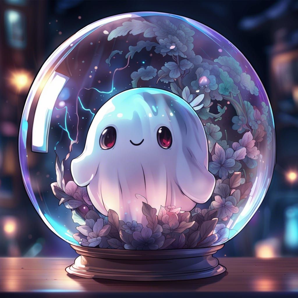 Cute Ghost in Glass Sphere: Anime Digital Art