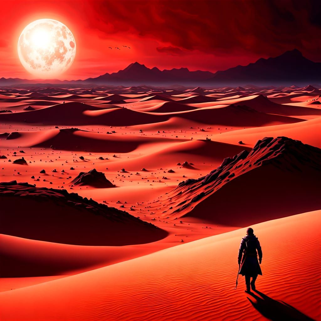 Vast Desert Under Blood-Red Sky