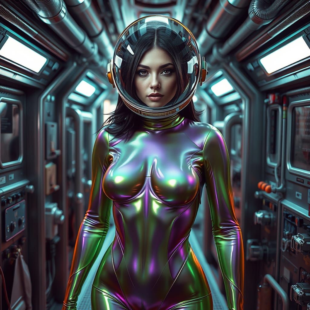 Biomechanical Space Explorer in Iridescent Space Suit