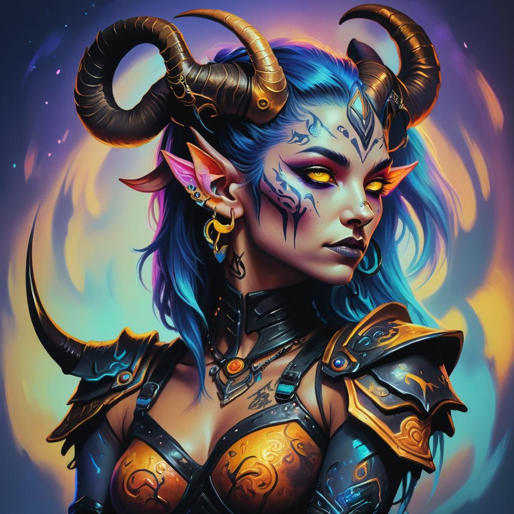 Tiefling with Raven in Synthwave Neon Style